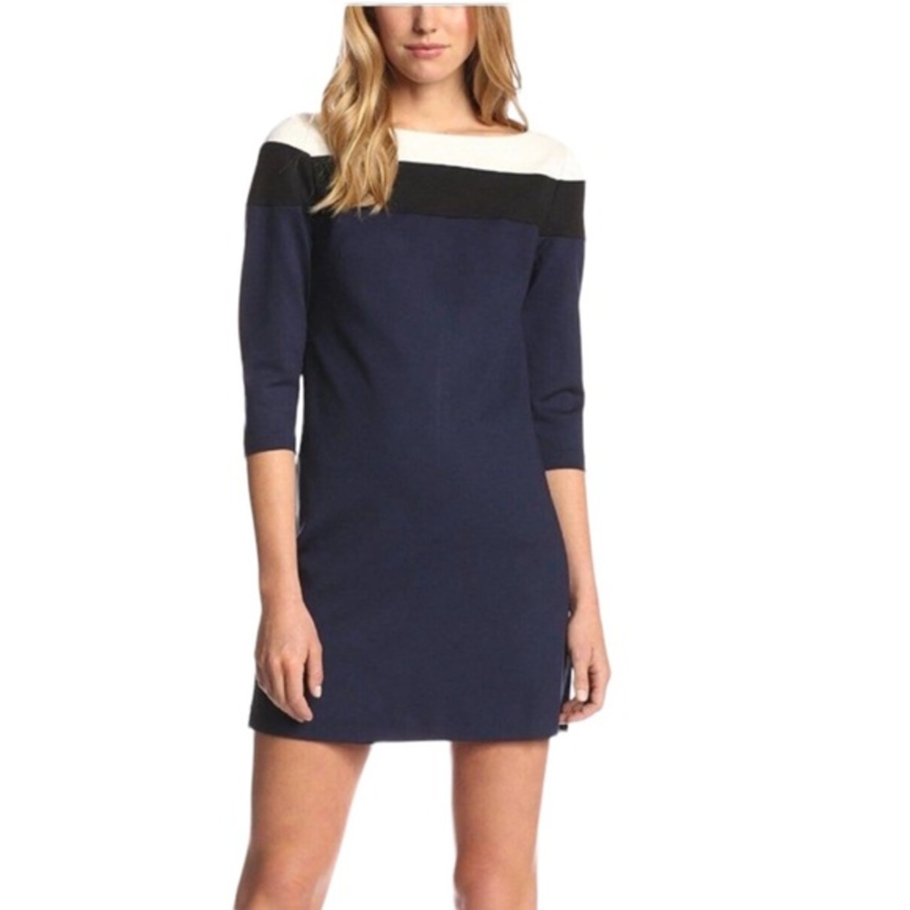 TRINA TURK DIXON COLORBLOCK PONTE 3/4 SLEEVE NAVY BLUE BLACK BODYCON WHITE DRESS
